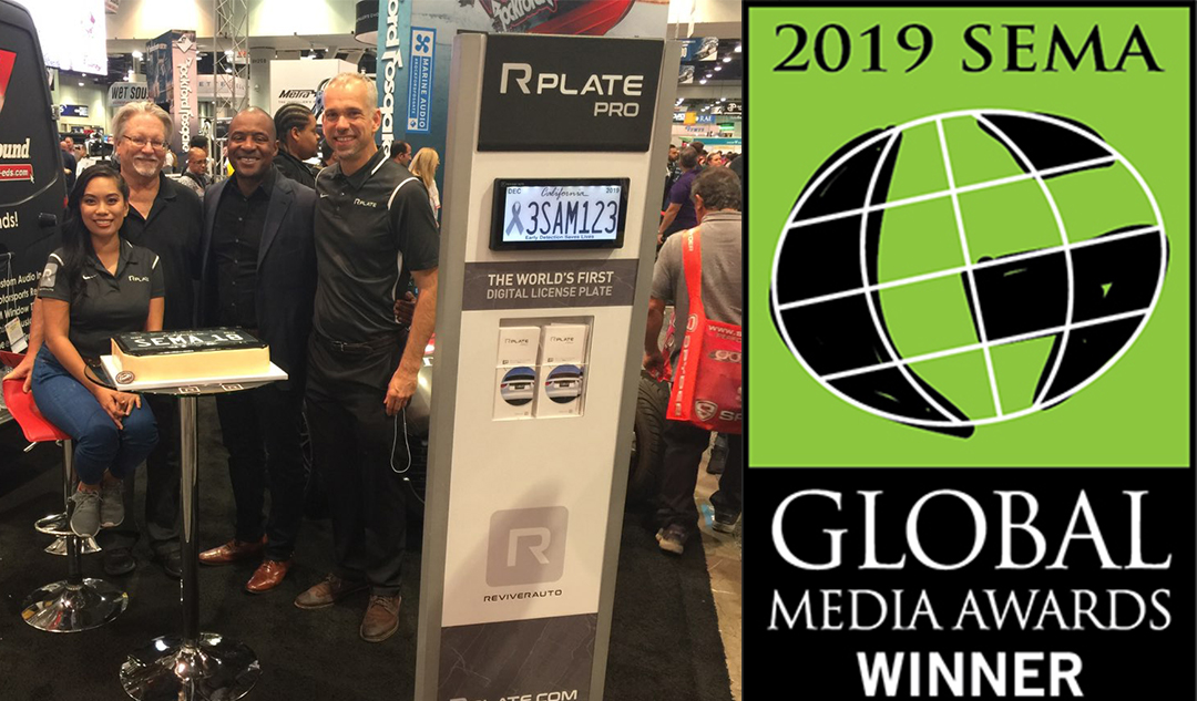 Reviver Auto was recognized with a 2019 Global Media Award this week at the SEMA Show in Las Vegas for the Rplate Pro, the world’s first digital license plate.