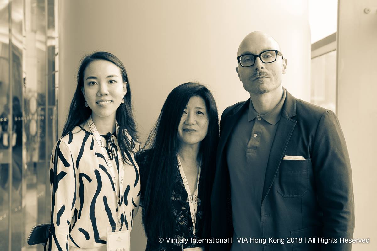 VIA Founder Stevie Kim (center) with VIA Faculty members Sarah Heller MW (left) and Henry Davar (right).