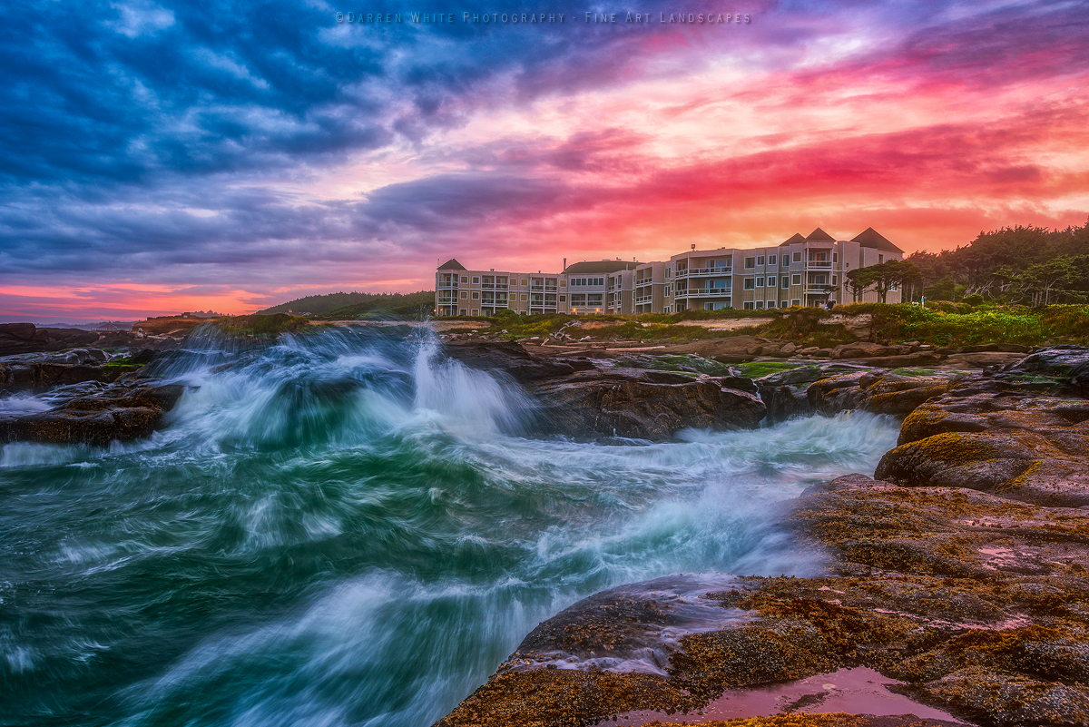 A sunset over the Overleaf Lodge & Spa invites guests to another day of adventure and exploration on the Oregon Coast at Yachats.