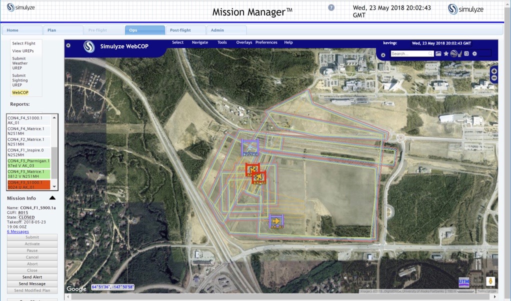 NASA TCL 3 National Campaign, Alaska UAS Test Site, May 23, 2018: Screenshot from Simulyze’s Mission Insight application shows four UAS flying in close proximity.