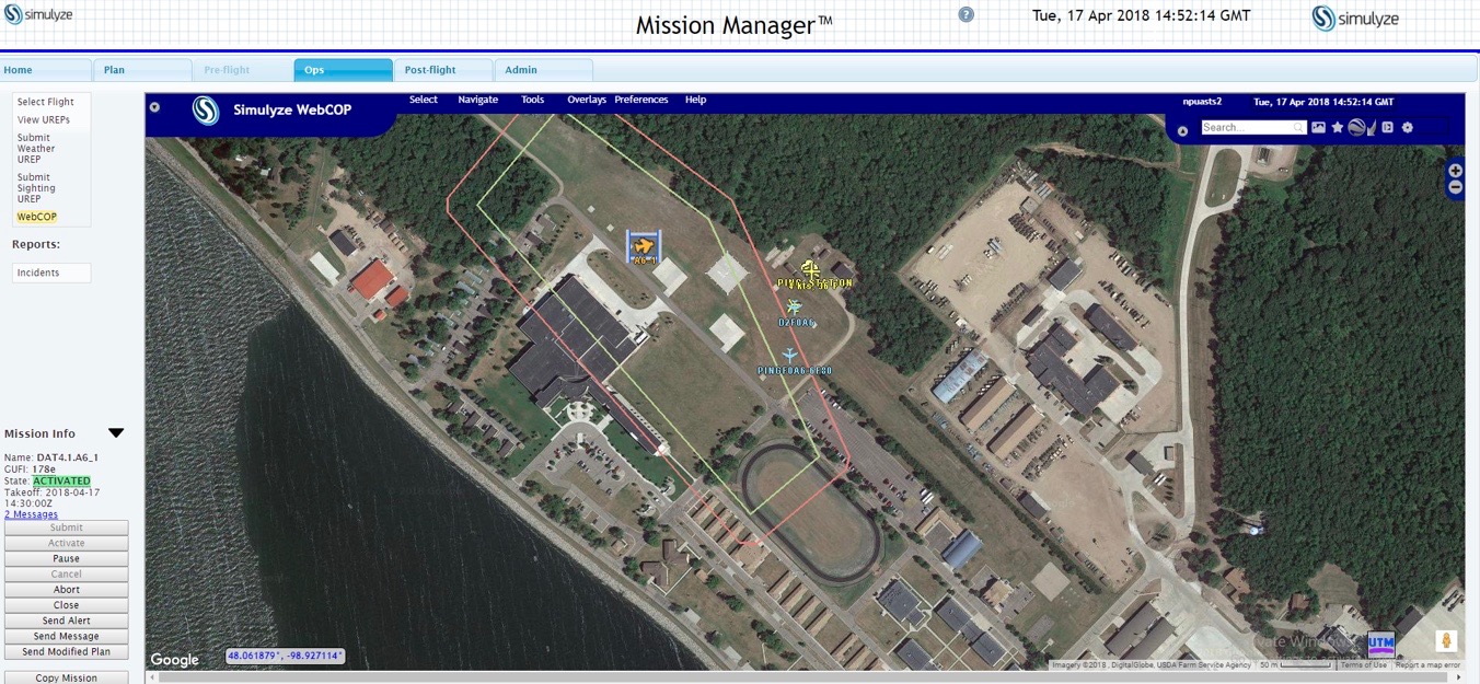 NASA TCL 3 National Campaign, Northern Plains UAS Test Site, April 17, 2018: Screenshot from Simulyze’s Mission Insight application shows multiple UAS flying in close proximity.