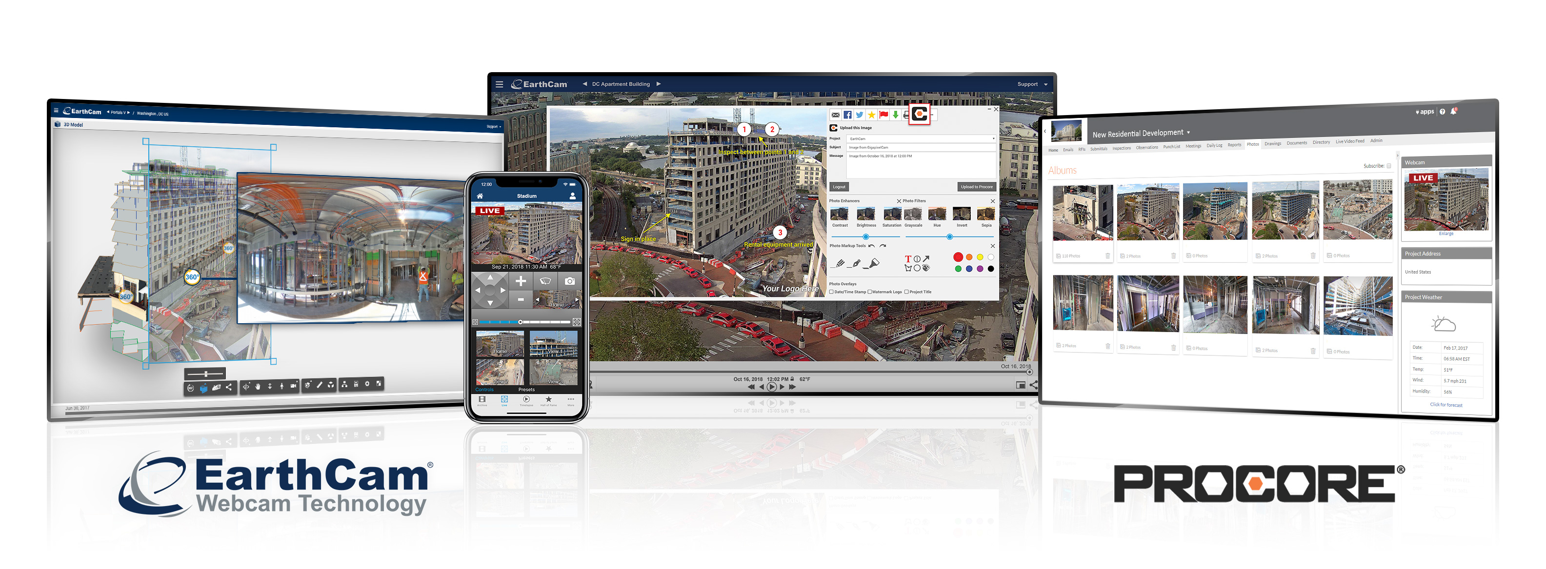 With EarthCam's expanded Procore integration, users can perform live comparisons between webcams, 360° VR photography and 2D, 3D or 4D models.