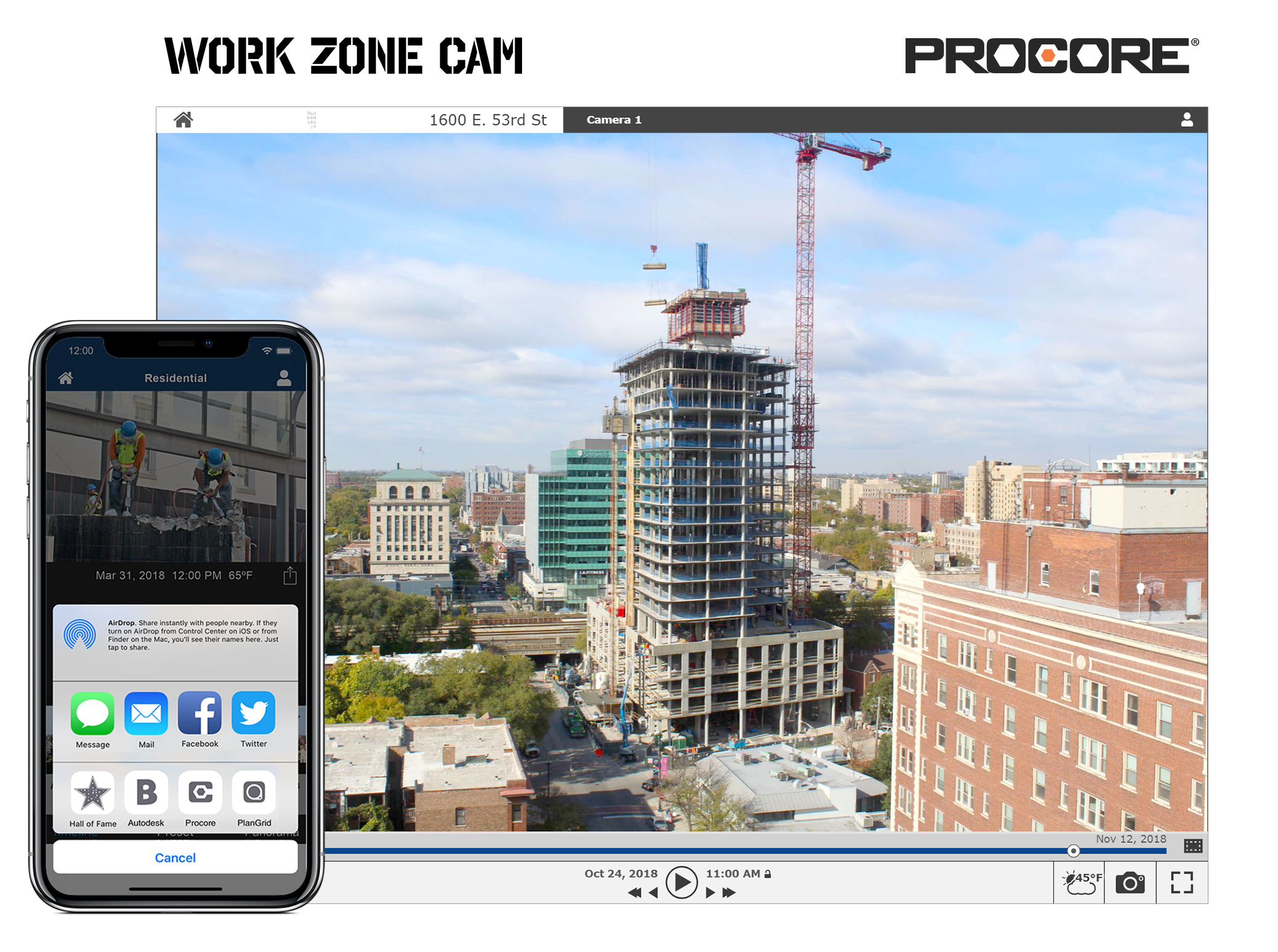 Users have the ability to access their Procore contact list and share important Work Zone Cam progress images directly with them.