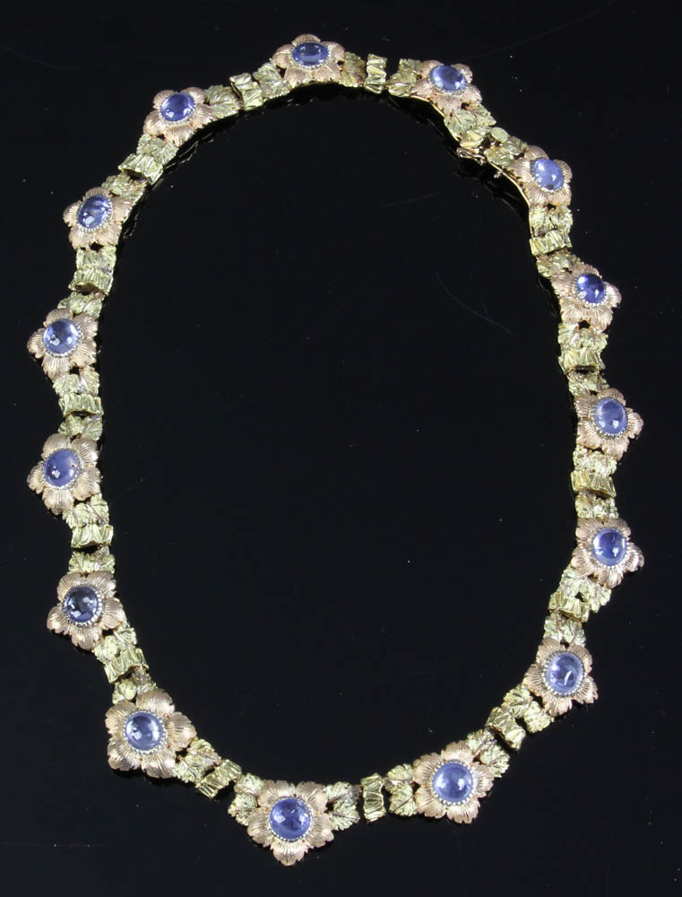 Signed Buccellati 18k yellow and rose gold necklace with (15) cabochon sapphires