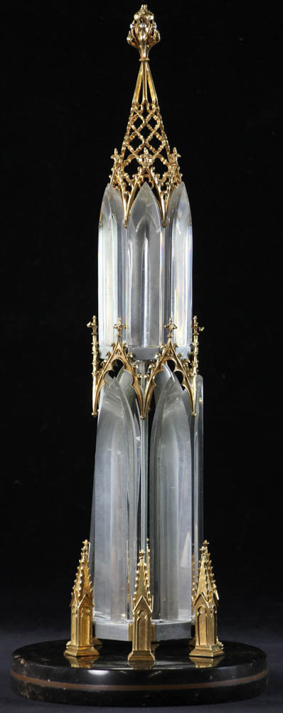 Steuben glass cathedral spire, crystal, 18k gold, sterling and diamond studded, designed by George Thompson