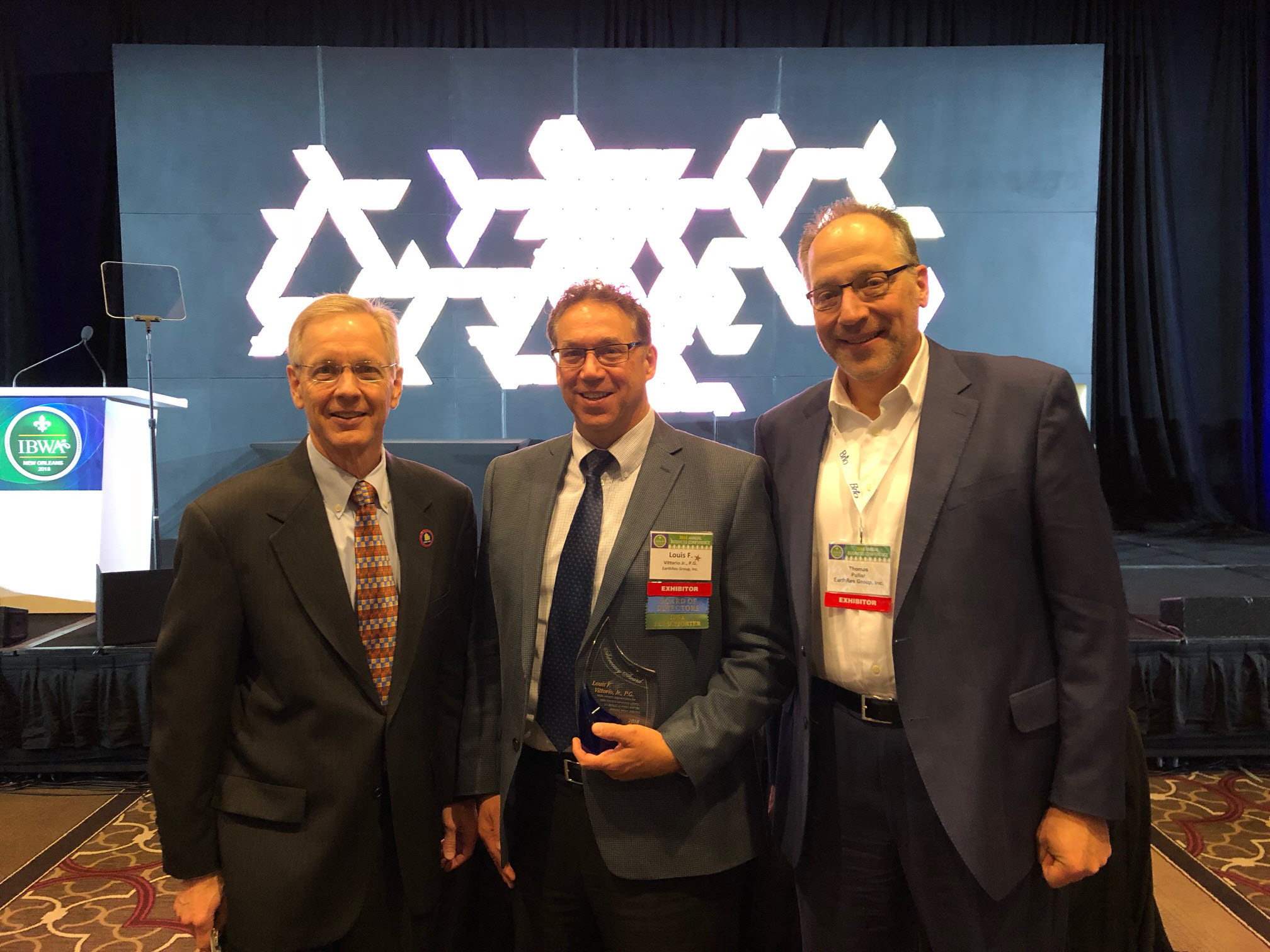 EARTHRES VP Louis Vittorio, Jr. IBWA Advocacy Award Recipient (C) with Joe Doss President of the International Bottled Water Association (L) and Thomas Pullar, Director, Industrial Services, EARTHRES