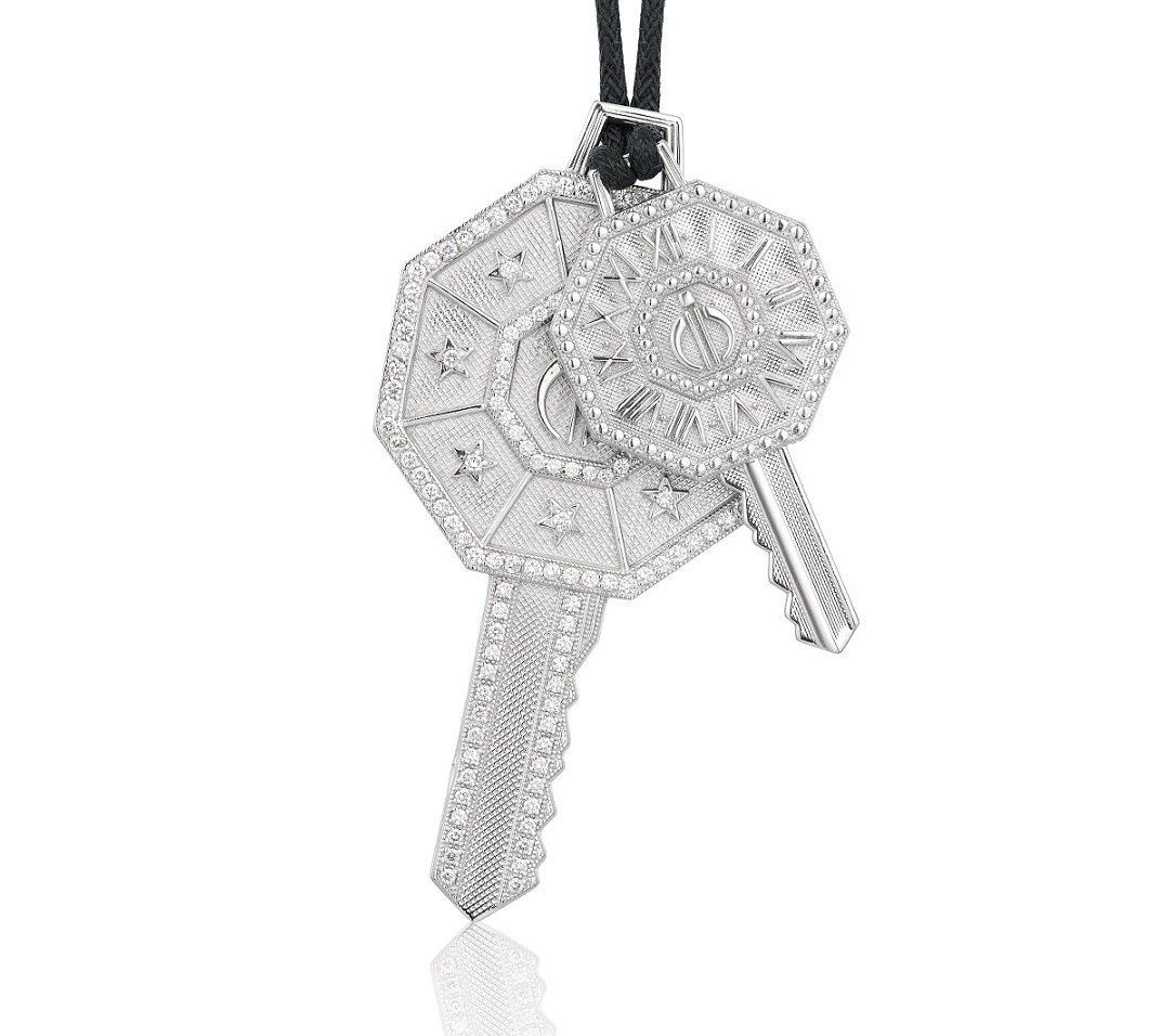 Double Key Day & Night necklace in 18K white gold with diamonds for men