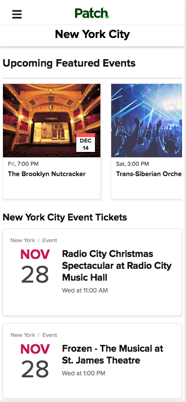 Patch users will have easy access to the live-event ticket platform via the "Get Tickets" tab on the site.