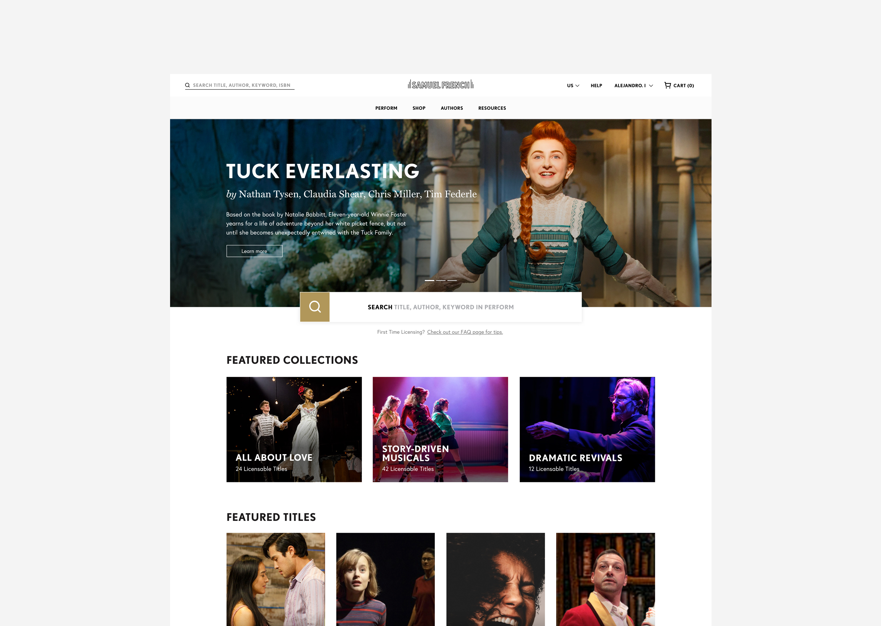 The Perform section of Samuel French website