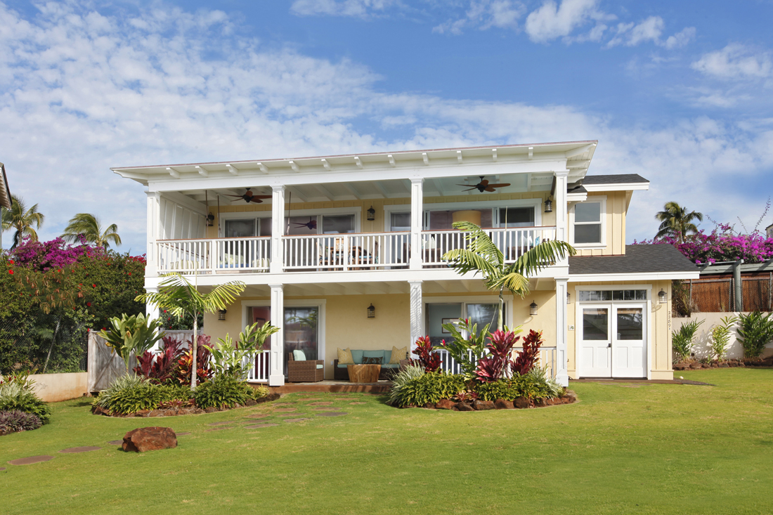 Featuring two spacious levels, Nalo Bungalow has three bedrooms, ocean view lanai and a lawn for kids to play. Walk to Brennecke Beach from this local neighborhood.