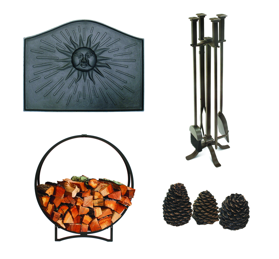 Fireback, Minuteman International; fireplace tools, Pilgrim Home and Hearth; log ring, Stoll Industries; decorative gas fireplaces media, Hargrove Manufacturing Corp.