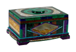 "Big Apple." Intarsia box by Nicolai Medvedev. Materials include: malachite stalactite, gold in quartz, sugilite, dinosaur bone, azurite/malachite, turquoise, copper ore, picture jasper, 18k gold