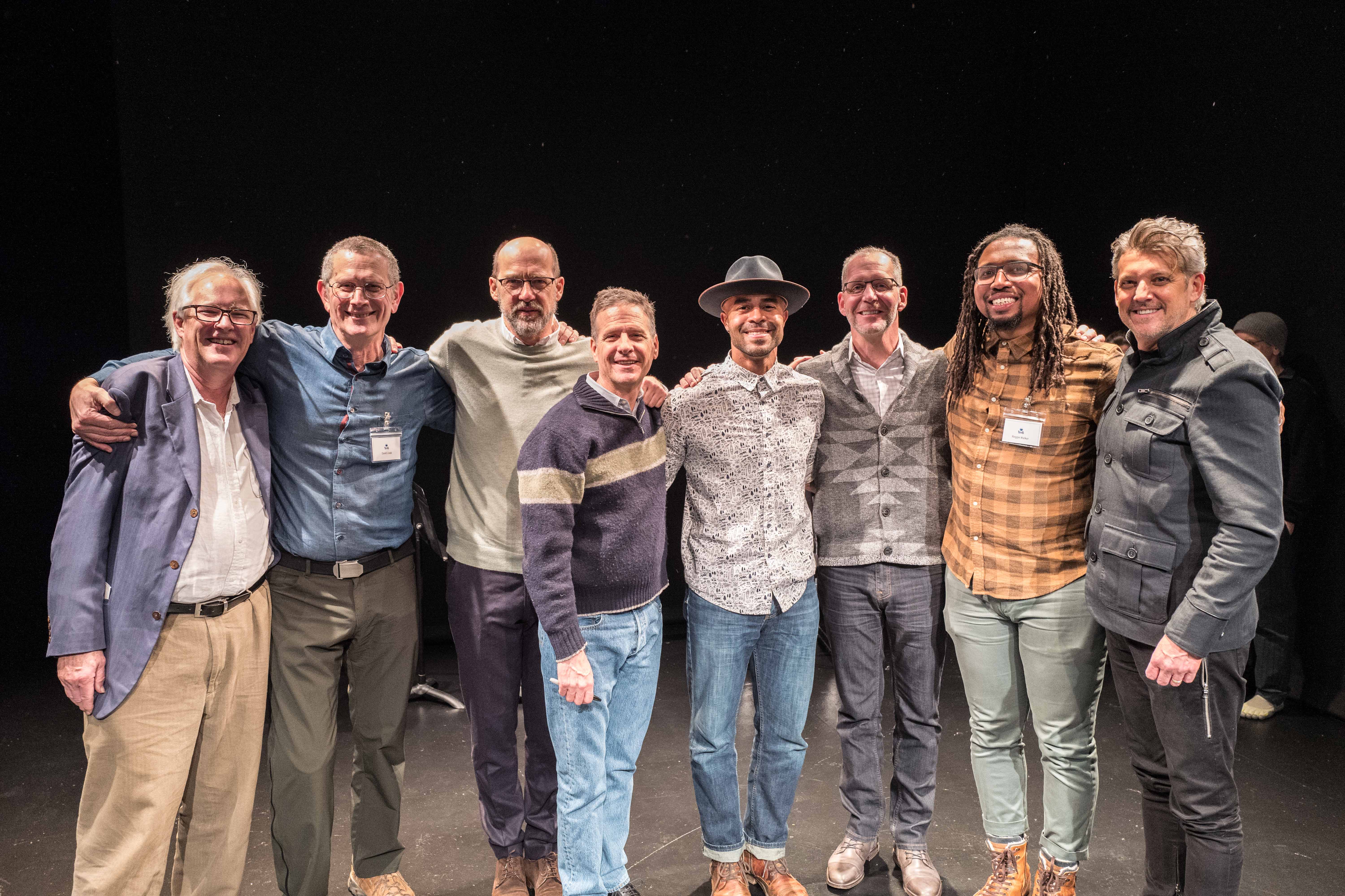 After the evening's performance, several audience members—all participants in 1in6's Bristlecone Project—gathered on stage. Pictured left to right: Peter Pollard, Dr. David Lisak, Anthony Edwards, Mar