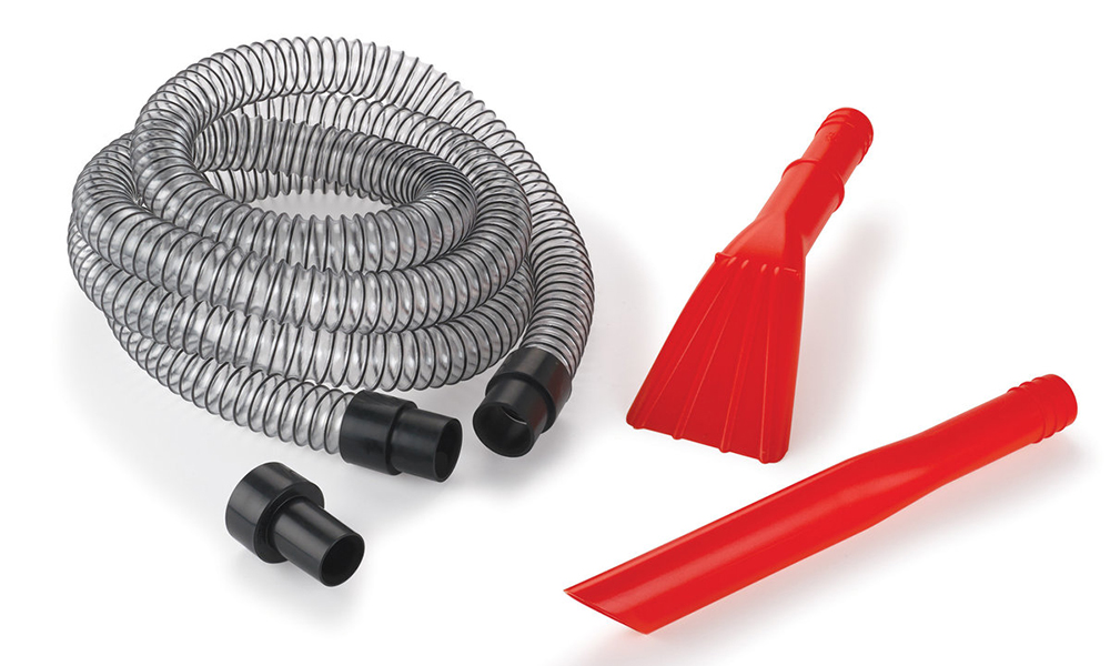 WoodRiver® Shop Vacuum 12" Hose Kit includes 2" x 15" crevice tool, 4" x 12" wide-angle bench tool, 1-1/2" flexible cuffs and 12"-long, 1-1/2"-diameter clear flexible hose.