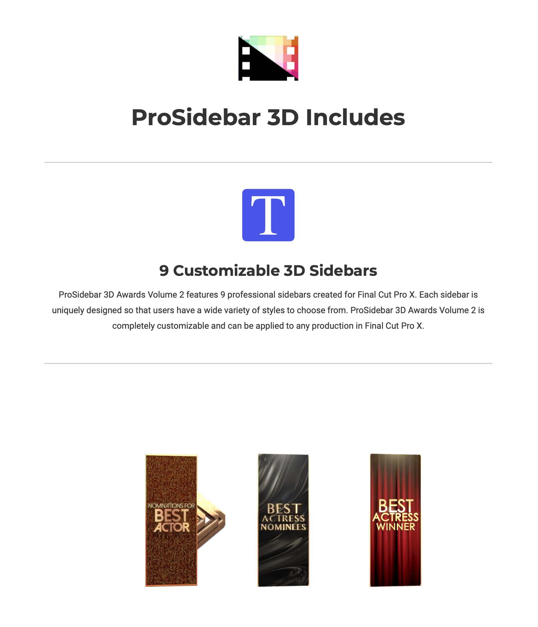 Pixel Film Studios - ProSidebar 3D Awards 2 - FCPX Plugins