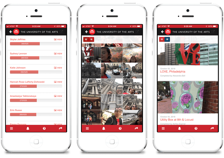 These screens show the UArts student engagement app and how it manages a campus orientation activity.