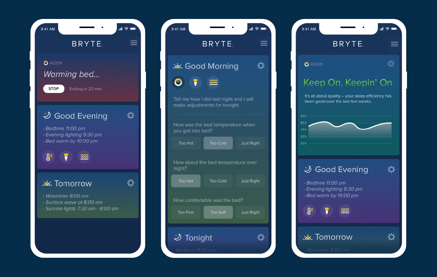 AIDEN learns your preferences and sleep patterns, prepares and crafts your customized sleep experience, and analyzes anonymous sleep data from the larger community of BRYTE sleepers, with the sole pur