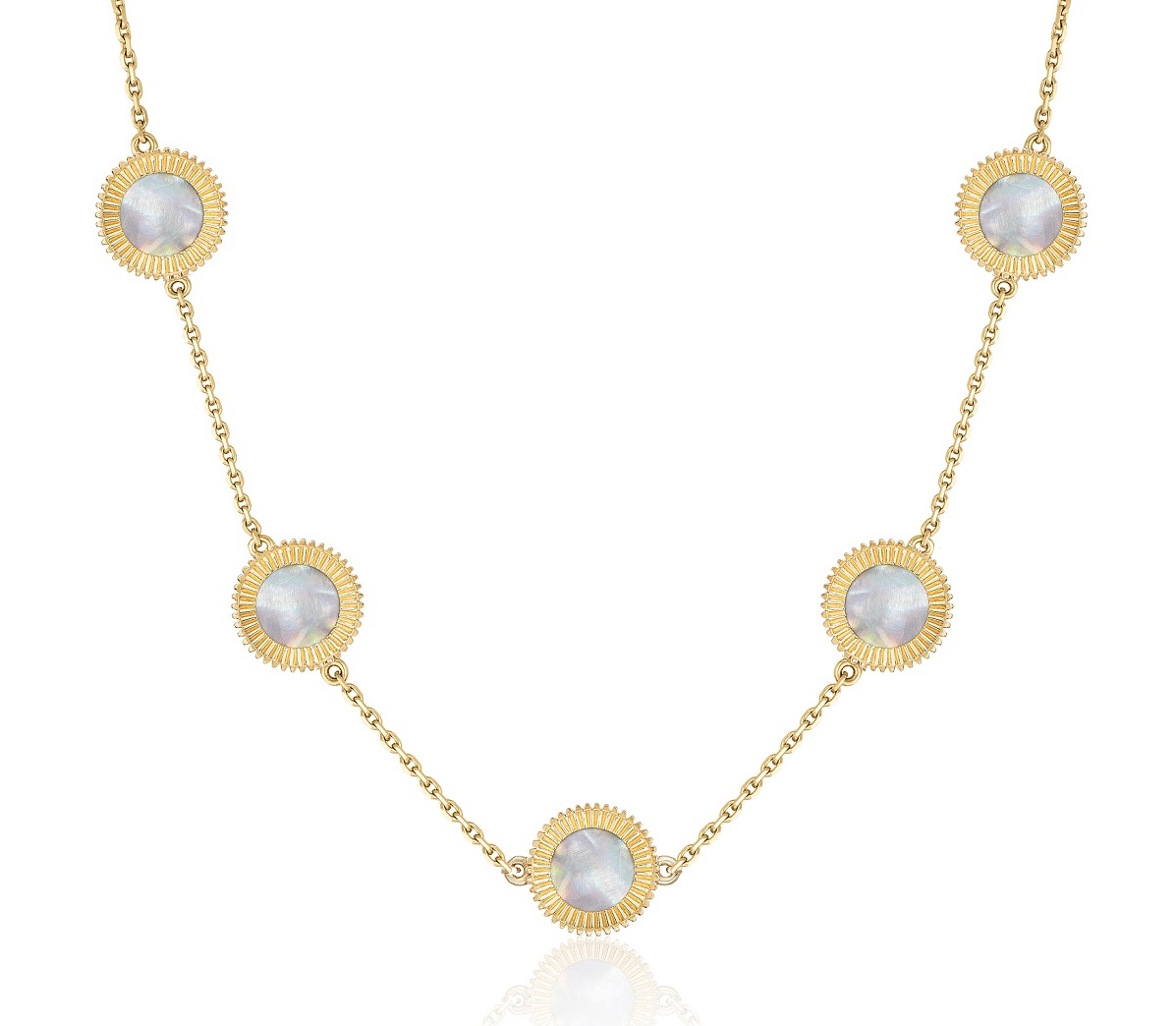 The Embria Necklace with five screws in 18K yellow gold with mother of pearl