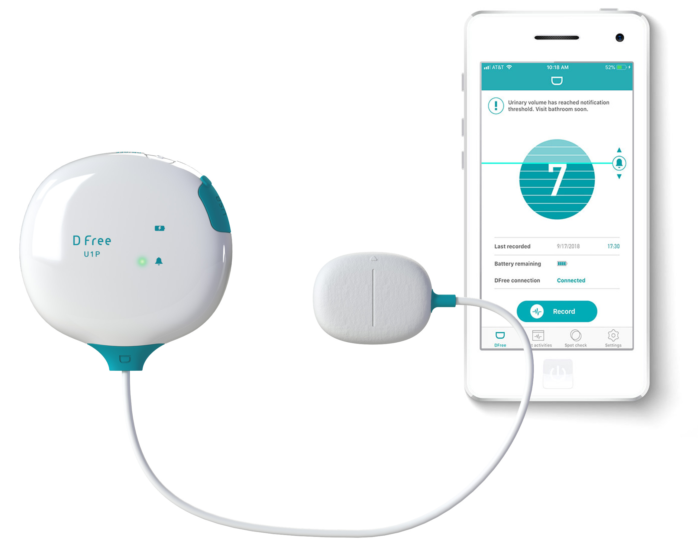 DFree, the first health wearable device for incontinence, connects to a smartphone or tablet and sends notifications via the DFree app -- informing the individual or caregiver when it’s time to go!