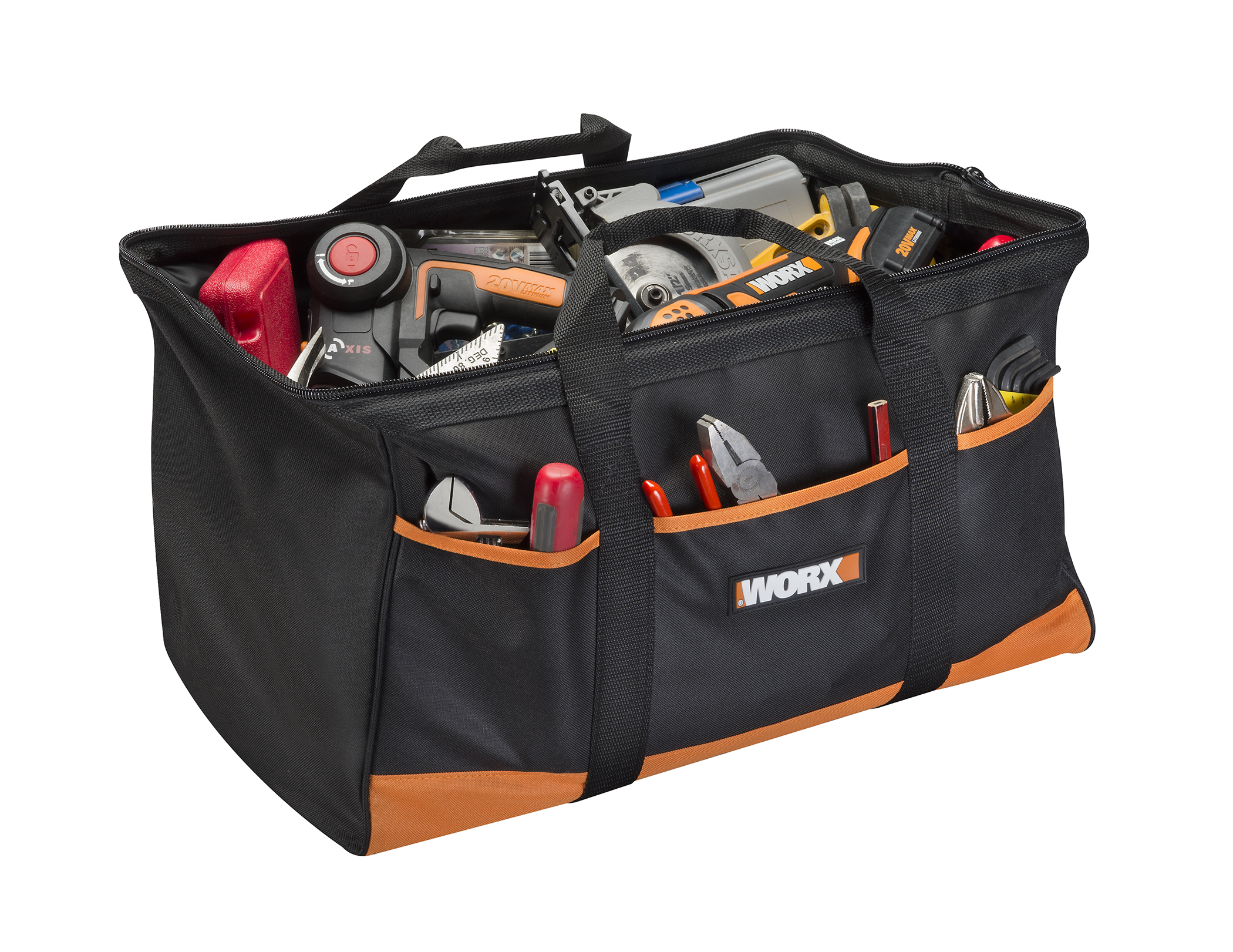 WORX Large Zippered Tool Tote has multiple interior and exterior pockets to fit tools and accessories of various sizes.