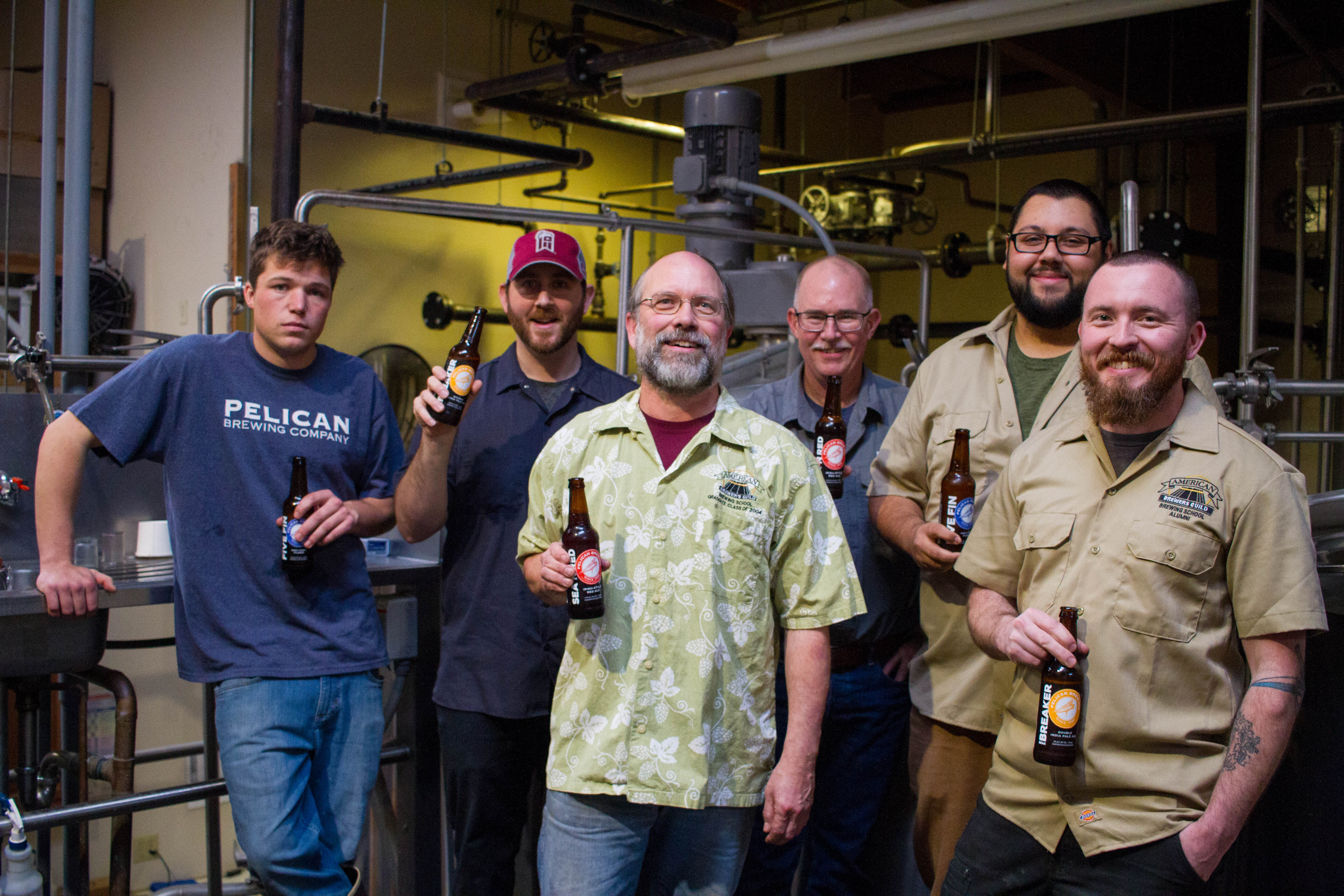 L to R: Buddy Pickett, currently studying with the American Brewers Guild, and current Pelican brewers who have graduated, Coren Tradd, Todd Campbell, Darron Welch, Jason Schlebach, Dan Grissom.