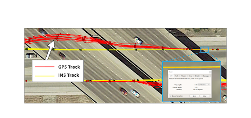 In this image you can see the track of a vehicle traveling under an overpass.  The 3 cm accurate RTK-Inertial Navigation track (YELLOW) holds true to the vehicle’s position while the standard GPS sign