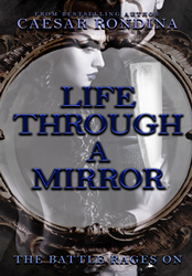 Book cover picture of a man and a woman faces reflecting through a mirror.