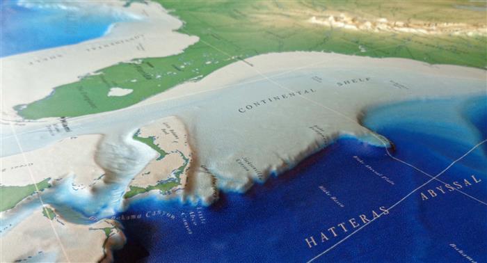 In addition to land topography, the map models the bathymetry of surrounding oceans.