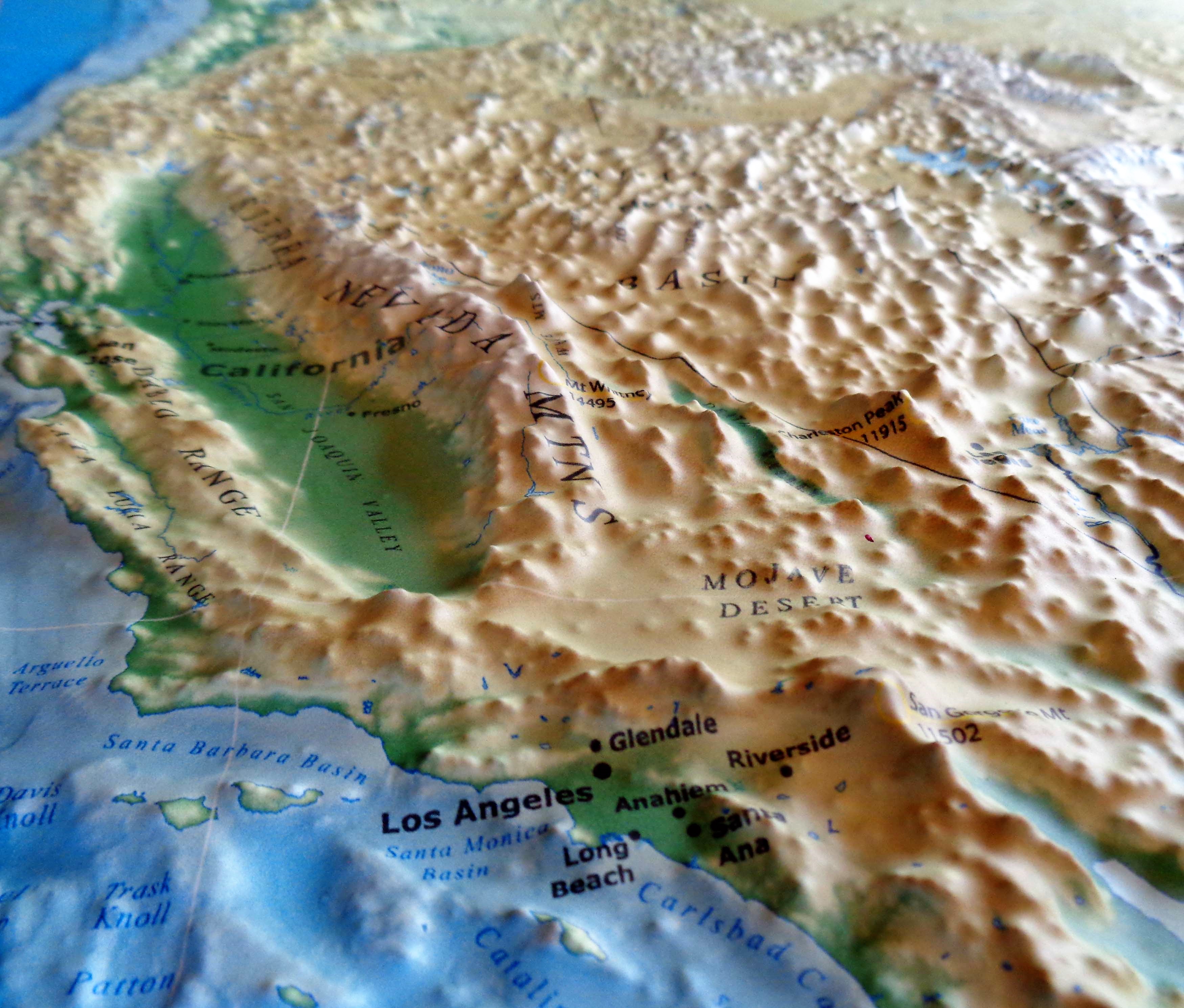 This close-up of Southern California shows the topographic detail of the map.