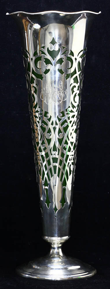 Gorham trumpet vase cut-out, 25 1/4" H, approximately 48.2 Troy oz TW. $3,000-$4,000  Gorham trumpet vase cut-out, 25 1/4" H, approximately 48.2 Troy oz TW. $3,000-$4,000  Gorham Trumpet Vase