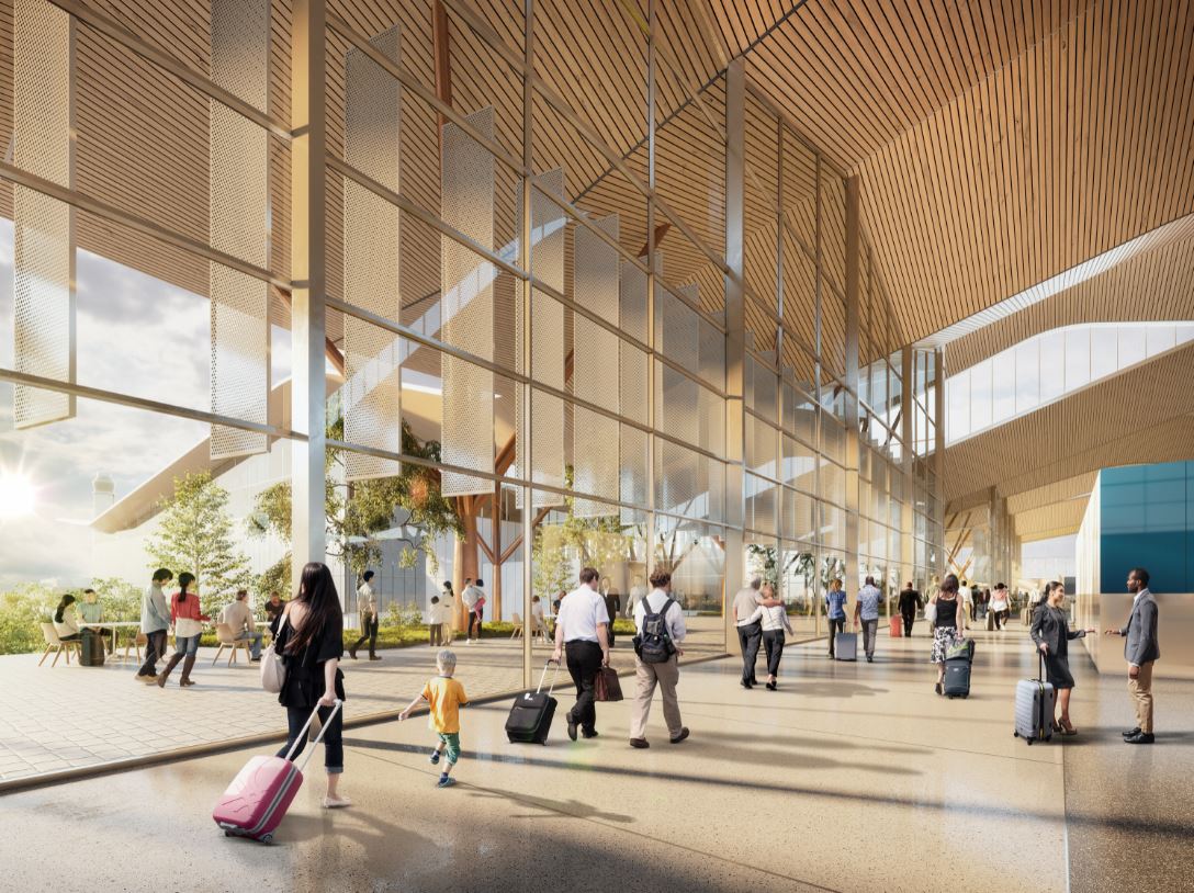 The design for the new terminal consolidates check-in, ticketing, security and baggage operations into one connected facility.