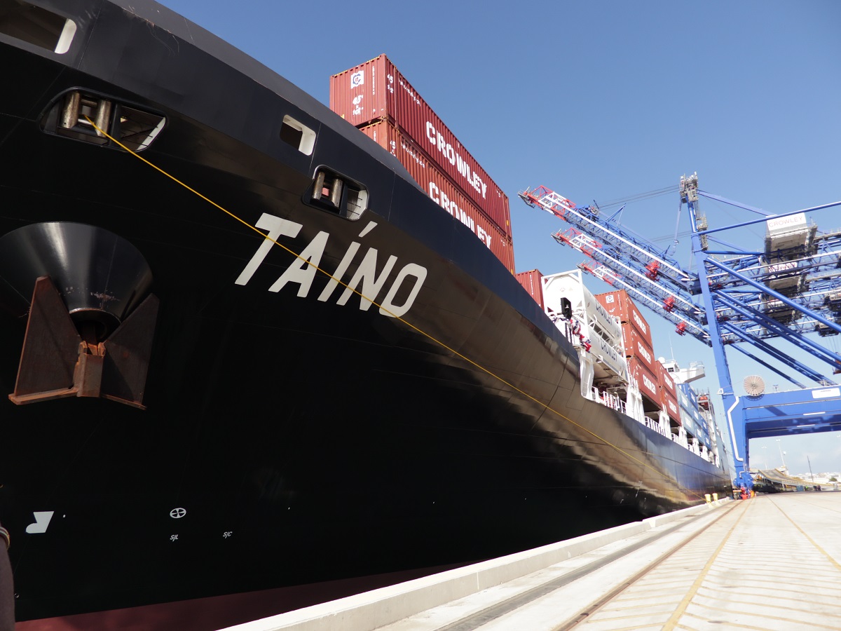 MV Taino, which serves the U.S. mainland-Puerto Rico trade, is shown at Crowley's enhanced Isla Grande Terminal in San Juan for its christening.