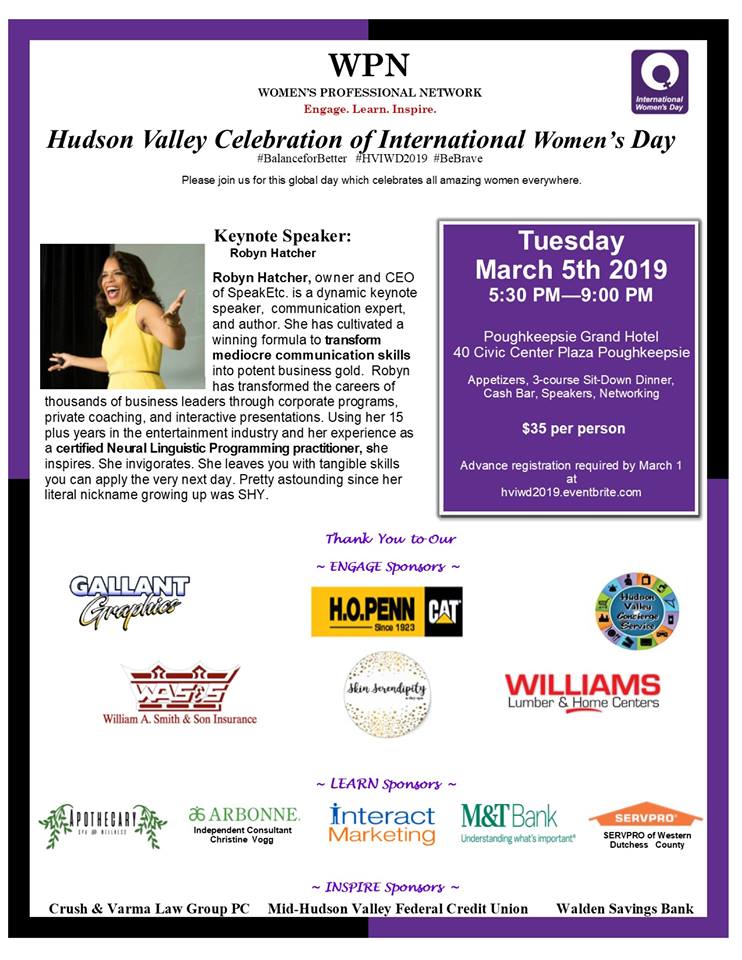 The WPN’s Celebration of International Women’s Day will take place in Poughkeepsie, NY at the Poughkeepsie Grand Hotel on March 5th, 2019.