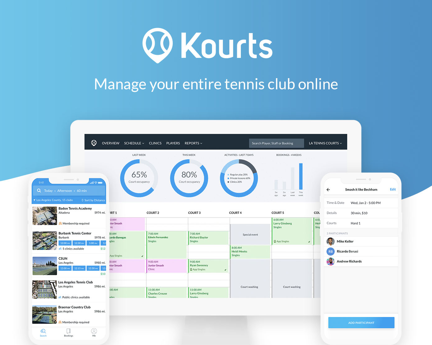Kourts CRM, Instructor App, and Player App.