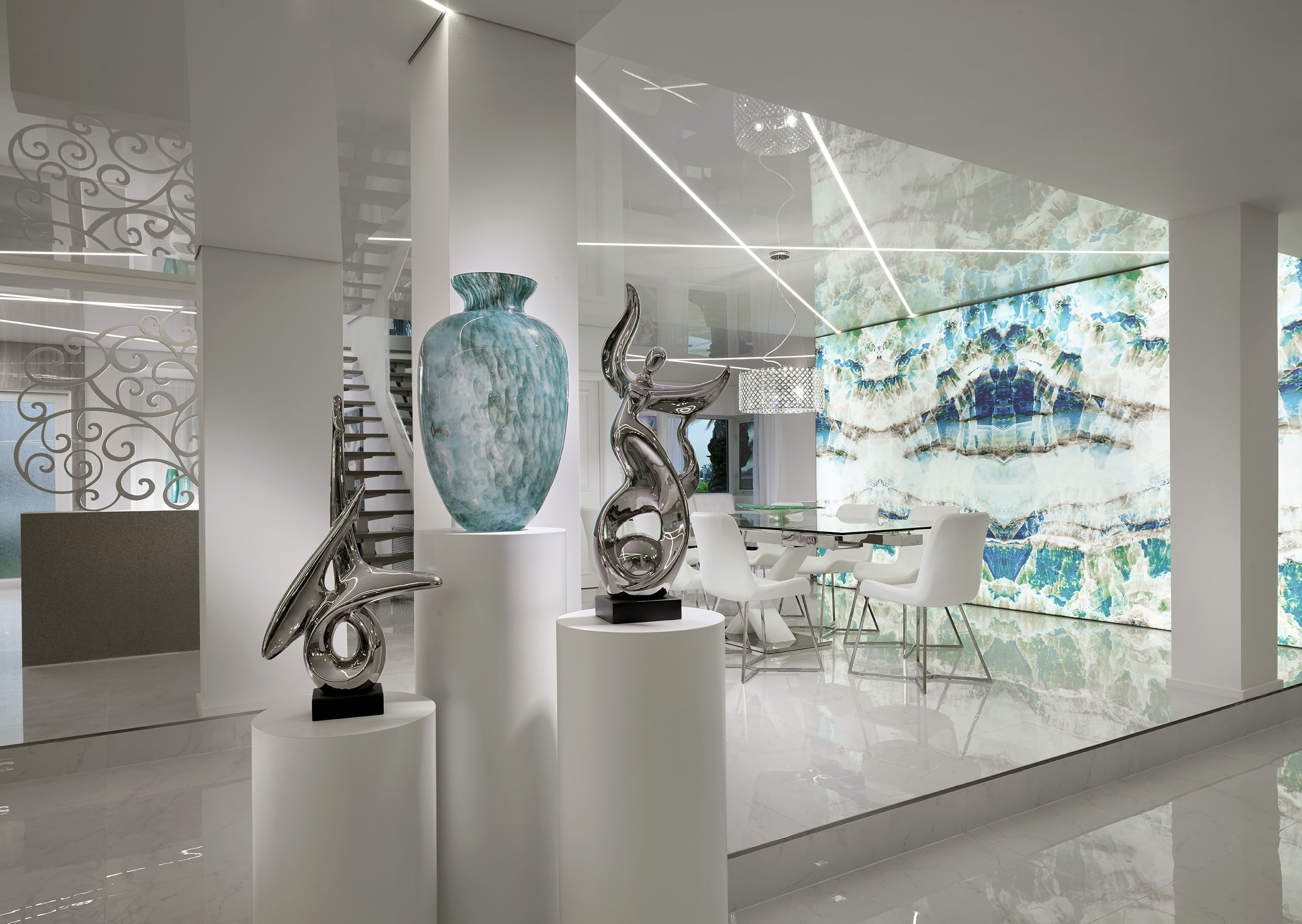 Designer Perla Lichi Selected White Backgrounds and Aqua Accessories