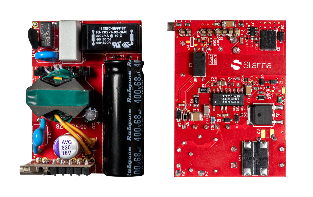 30W USB-PD Evaluation Board Using SZ1101 - Front and Back Sides. This level of integration facilitates the design of efficient, high-power-density AC/DC power adapters with low bill-of material cost.