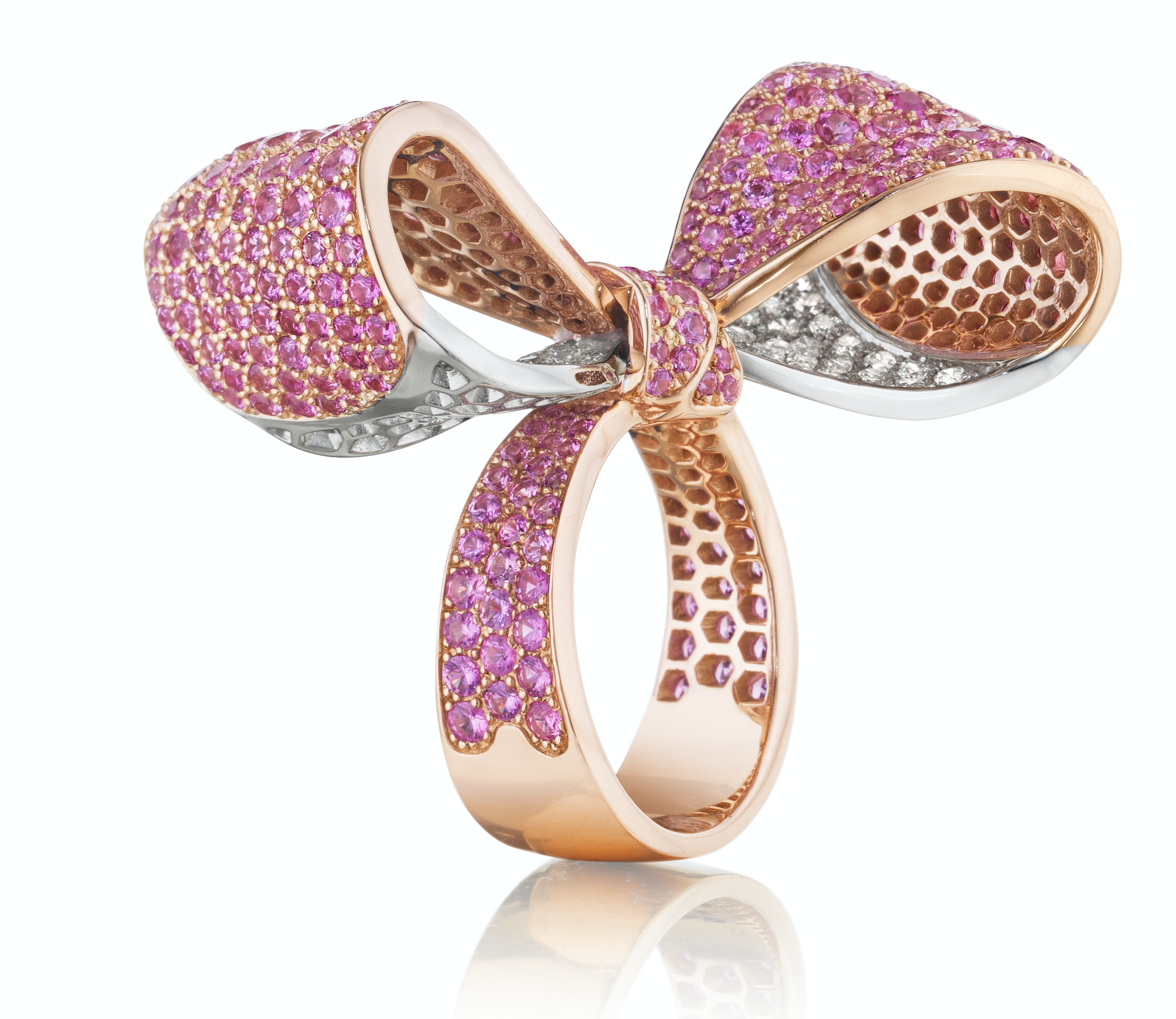 Mimi So, Bow Ring, handcrafted in 18k rose and white gold, pink sapphires and diamonds.