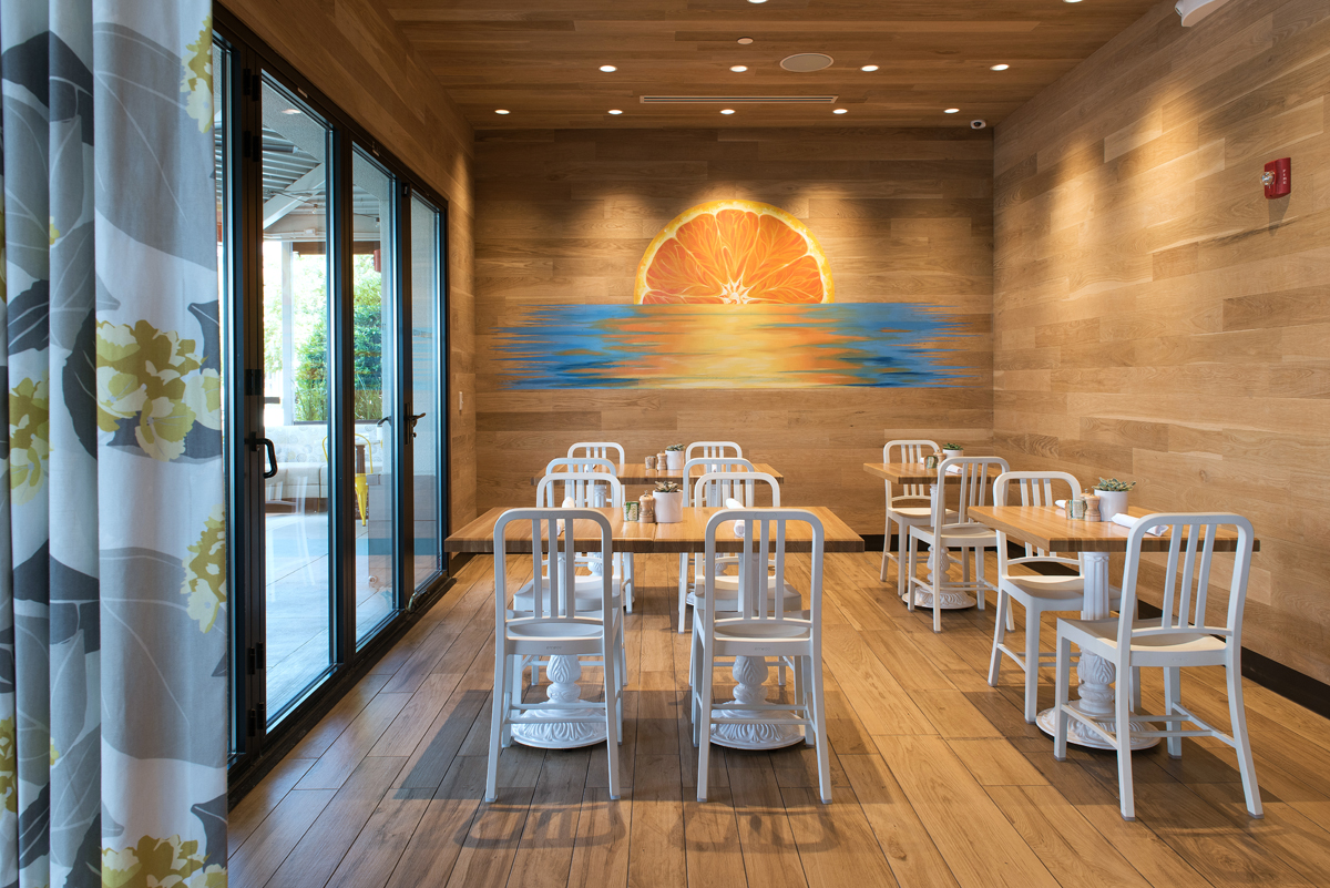 Pioneer Millworks UL GREENGUARD Gold product, Modern Farmhouse Clean White Oak, used as wall paneling in a restaurant. It is one of 22 UL GREENGUARD Gold certified wood products the company carries.