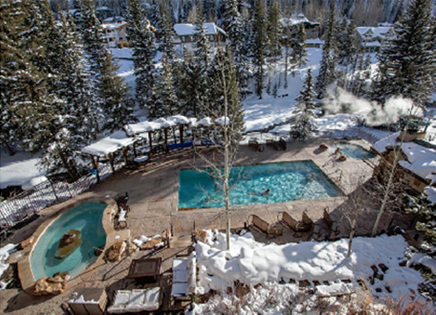 Antlers at Vail’s sparkling outdoor pool-with-a-view offers year-round fun and relaxation.