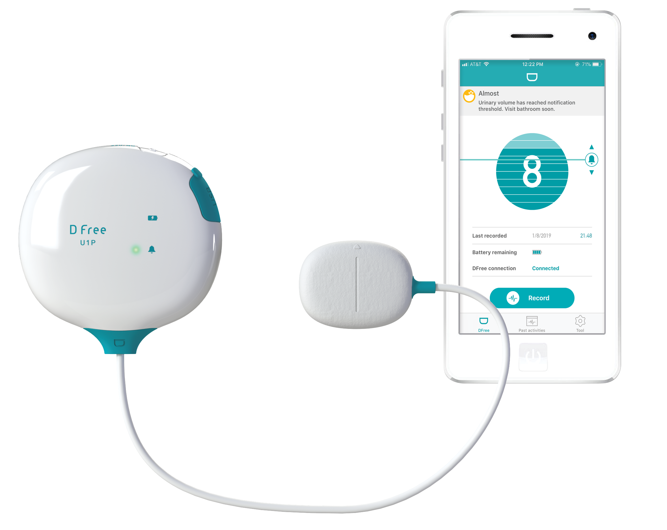 DFree wearable device connects via Bluetooth® to a smartphone or tablet and sends notifications via the DFree app -- informing the individual or caregiver, when it’s time to go to the bathroom.