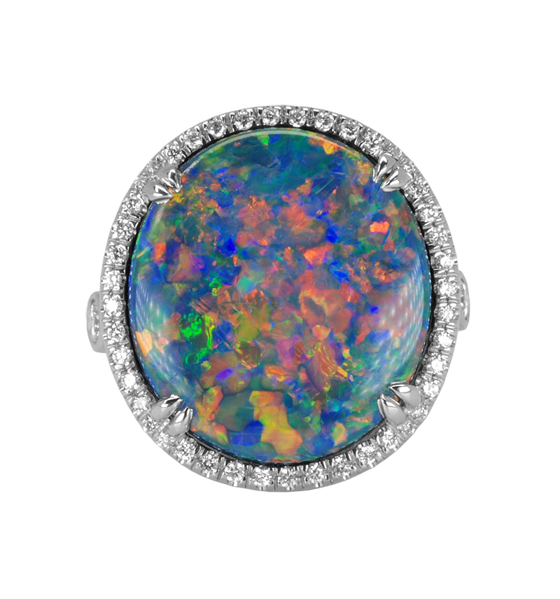 Opal Ring by Jeffrey Bilgore. 8.85 ct. Gem Australian Black Opal, Lightening Ridge, with diamonds, set in platinum.