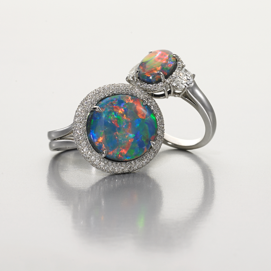 Opal Rings by Jeffrey Bilgore. 8.97 ct. Gem Australian Black Opal, with diamonds, set in platinum. (2nd ring) 2.83 ct. Gem Australian Black Opal, with diamonds, set in platinum.
