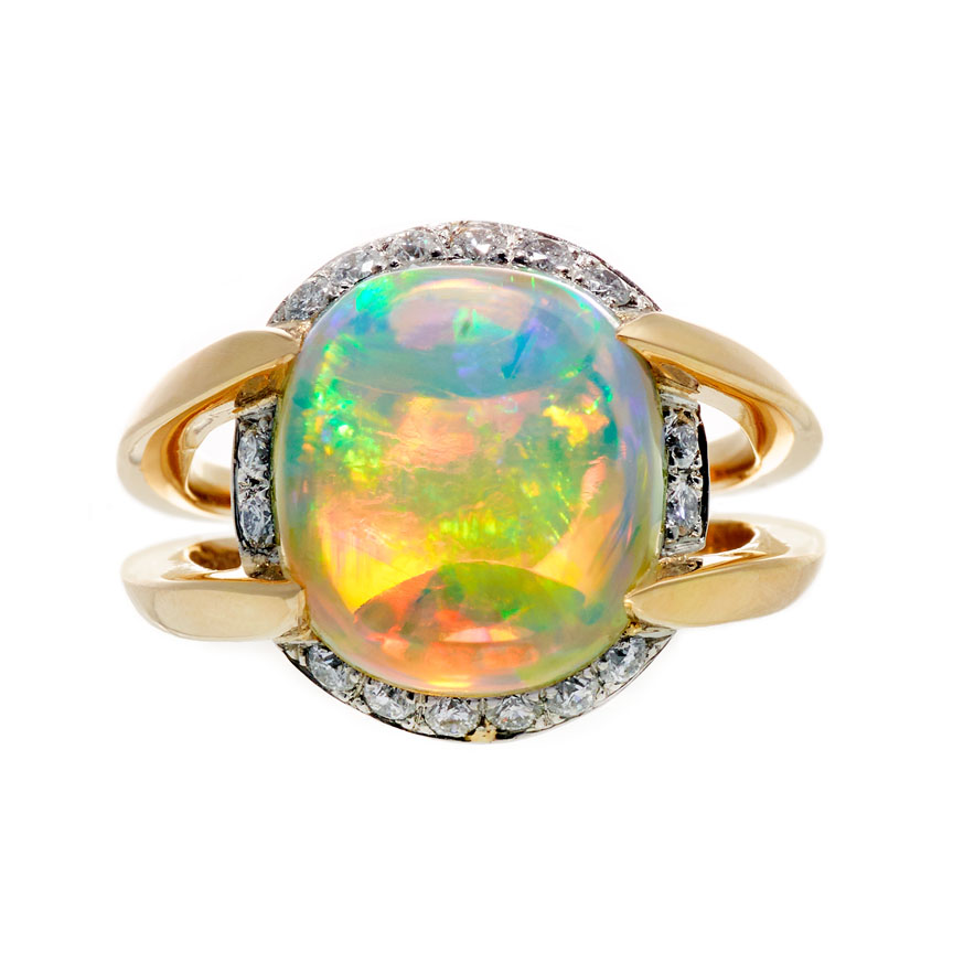 Opal Ring by Jeffrey Bilgore. 5.19 ct. Gem Australian Crystal Opal, with diamonds, set in 18K yellow gold and platinum.