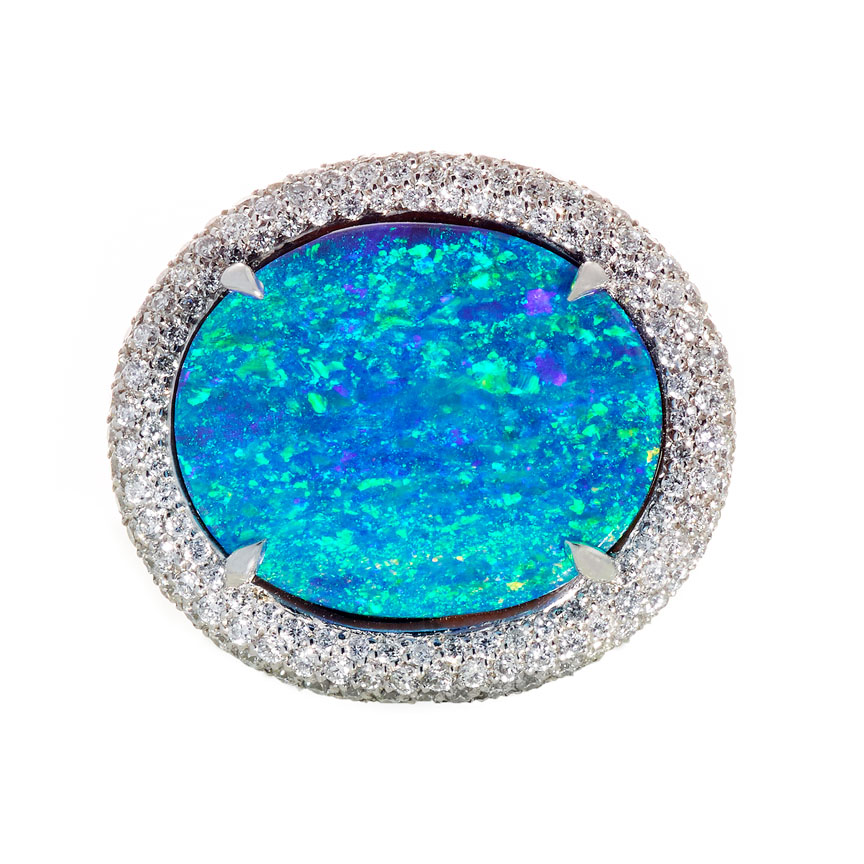 Opal Ring by Jeffrey Bilgore. 7.71 ct. Gem Australian Boulder Opal, with diamonds, set in platinum.