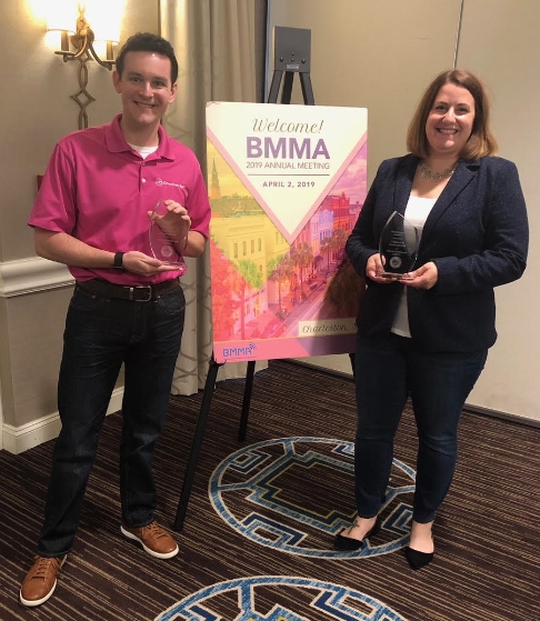 Chris Benzinger of Cincinnati Bell and Kelly Champagne of F-Secure accept the BMMA Best in Class Partnership Award at the 2019 BMMA Annual Meeting in Charleston, SC.