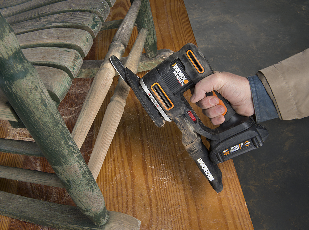 WORX 20V Sandeck 5-in-1 Multi-Sander includes detail sanding pad with finger and contour attachments for sanding in hard-to-reach areas.