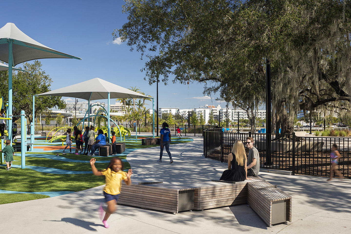 The West Tampa community enjoys the Civitas-designed Julian B. Lane Riverfront Park’s family-friendly features, including playground, splash pad, chess tables, bocce ball courts and more.