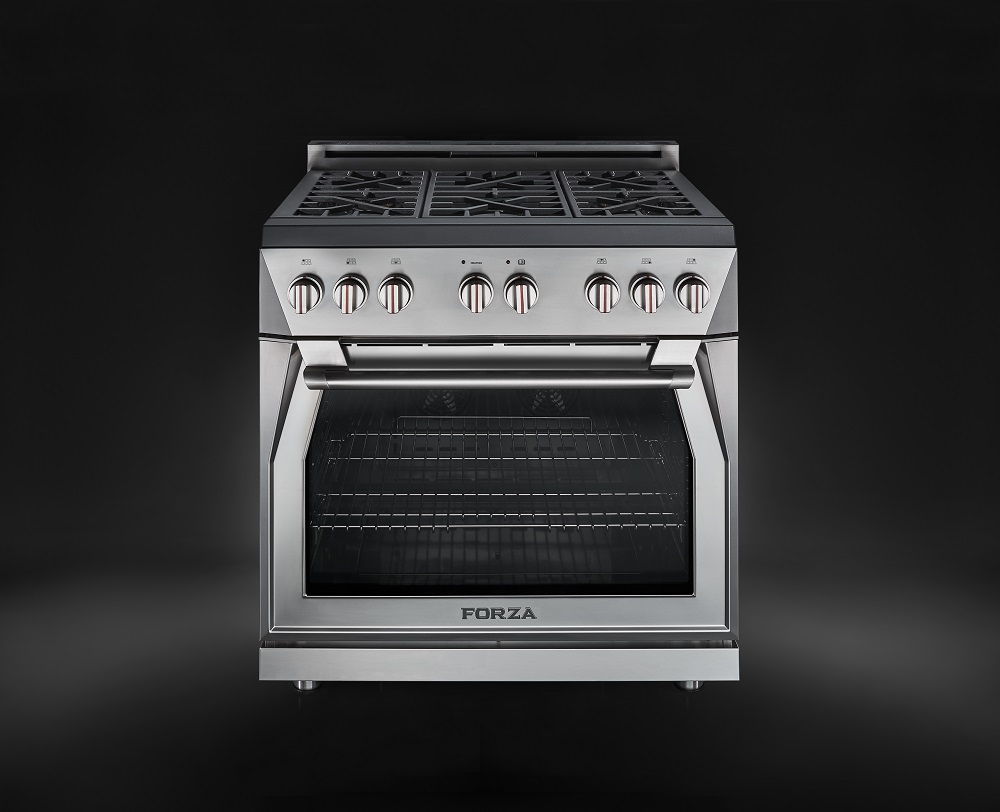 The initial Forza product lineup includes 30- and 36-inch pro-style gas ranges in seven bold color options. Shown: 36-inch gas range in stainless steel.