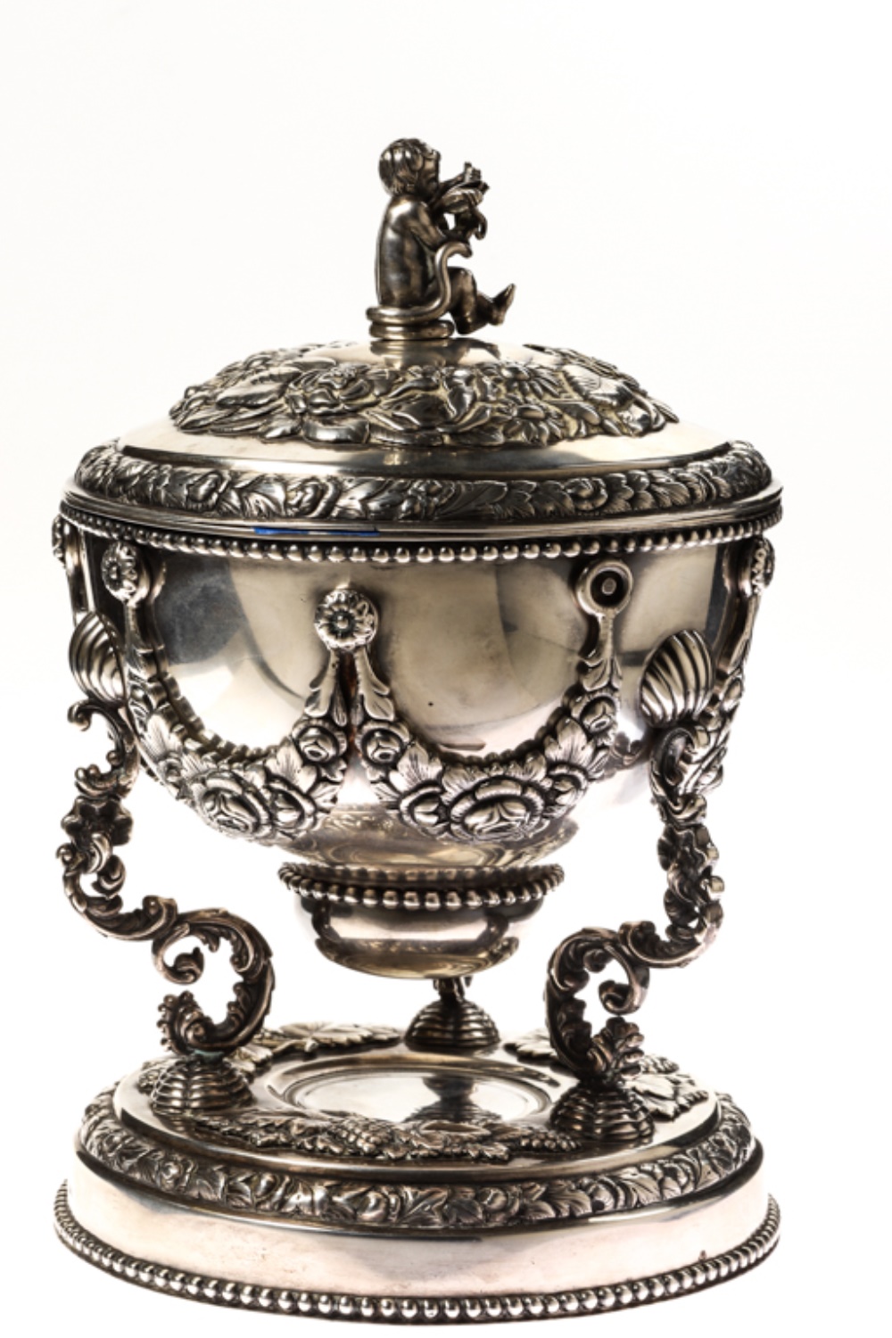 Rear View, Covered Historical Silver Presentation Cup, From John McInnis Auctioneers Two Day May, 2019 Estates Auction.
