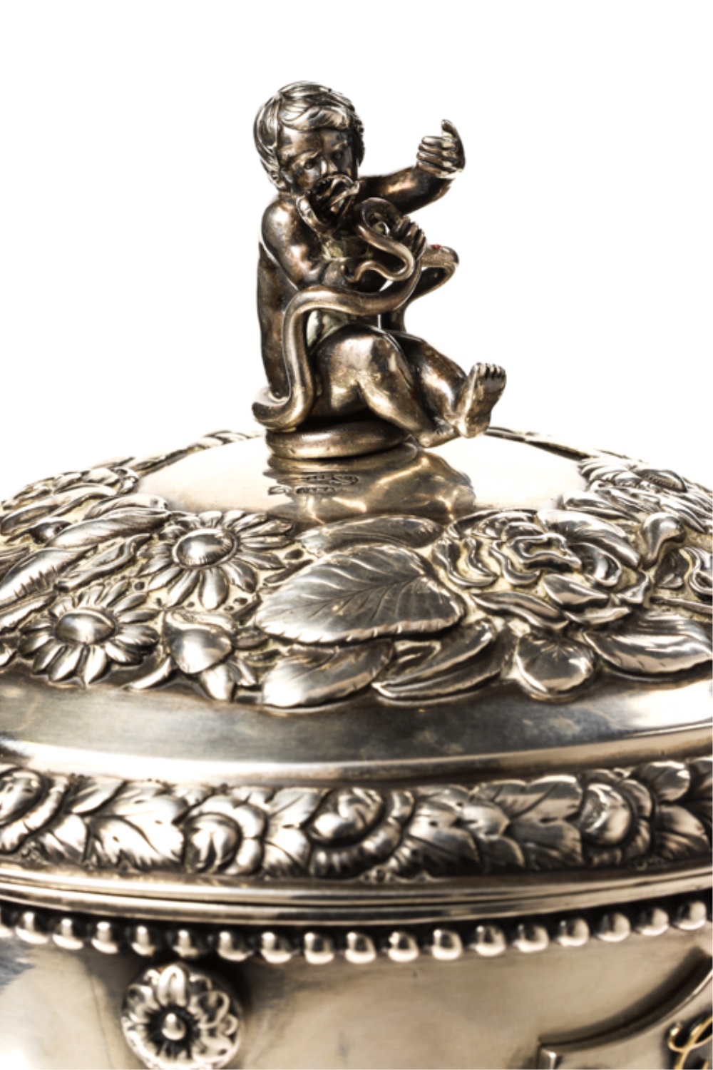 Finial Detail, Covered Historical Silver Presentation Cup, From John McInnis Auctioneers Two Day May, 2019 Estates Auction.